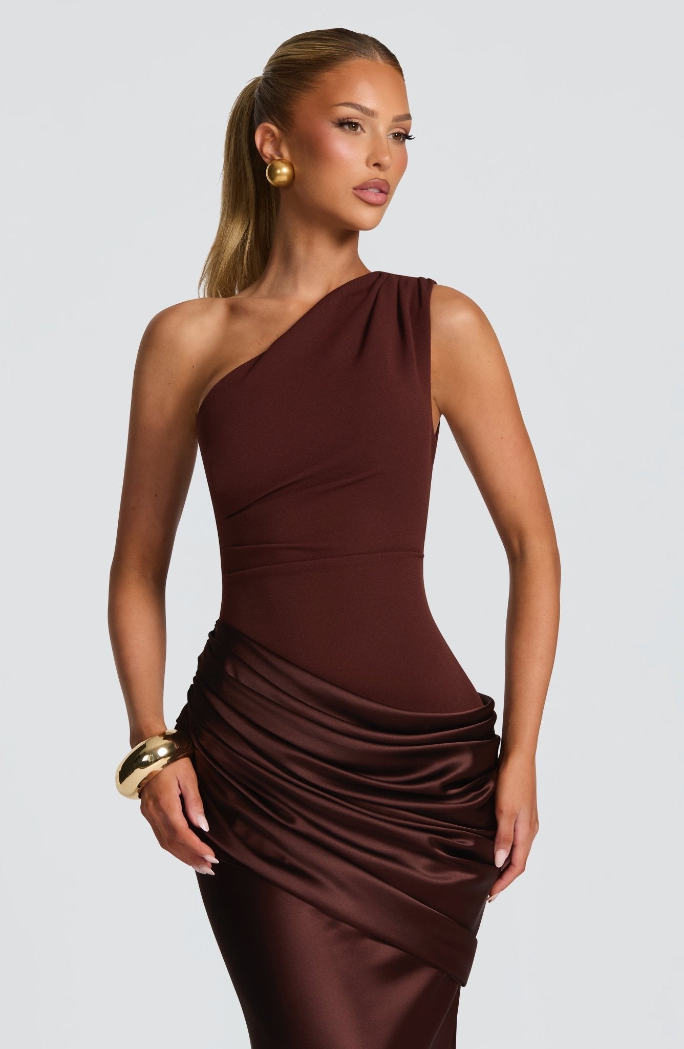 Women's Brown One-Shoulder Maxi Wedding Guest Dress