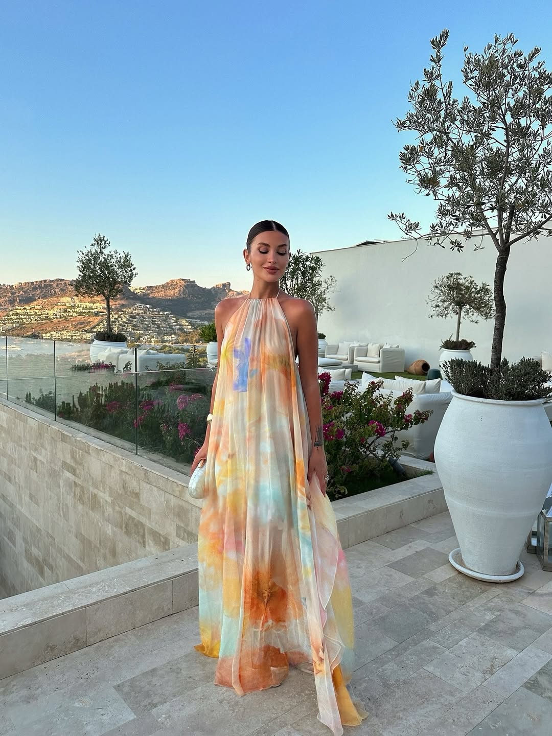 Women's Orange Printed Halter Maxi Summer Wedding Guest Dress