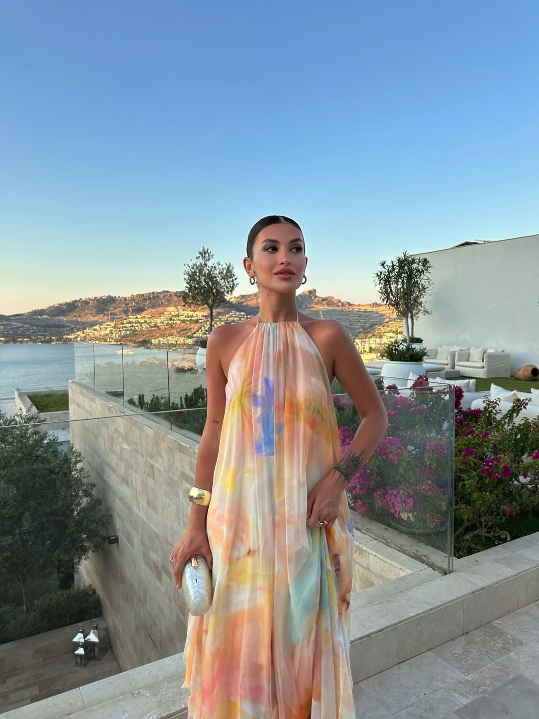 Women's Orange Printed Halter Maxi Summer Wedding Guest Dress