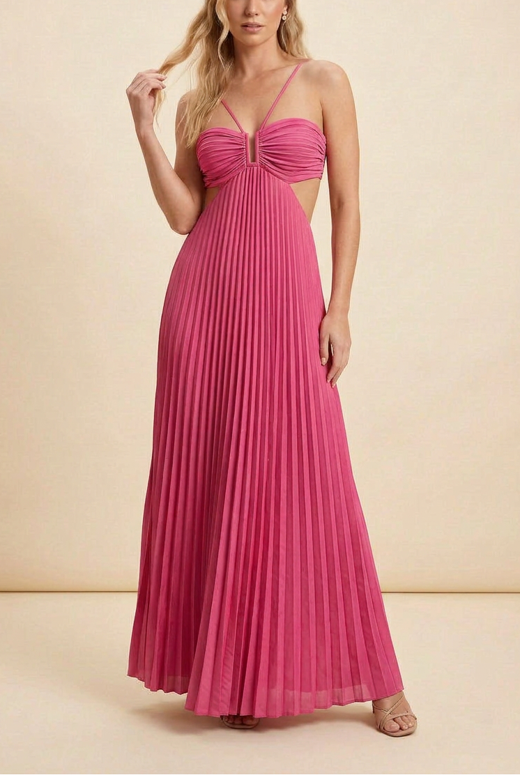 Women's Blue Halter Pleated Maxi Prom Dress