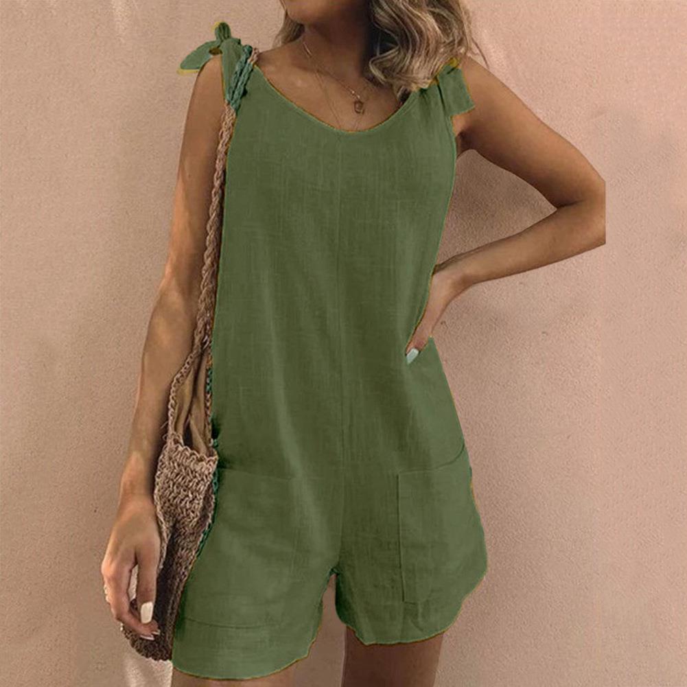 Women's White Summer Romper with Pockets and Bow Detail
