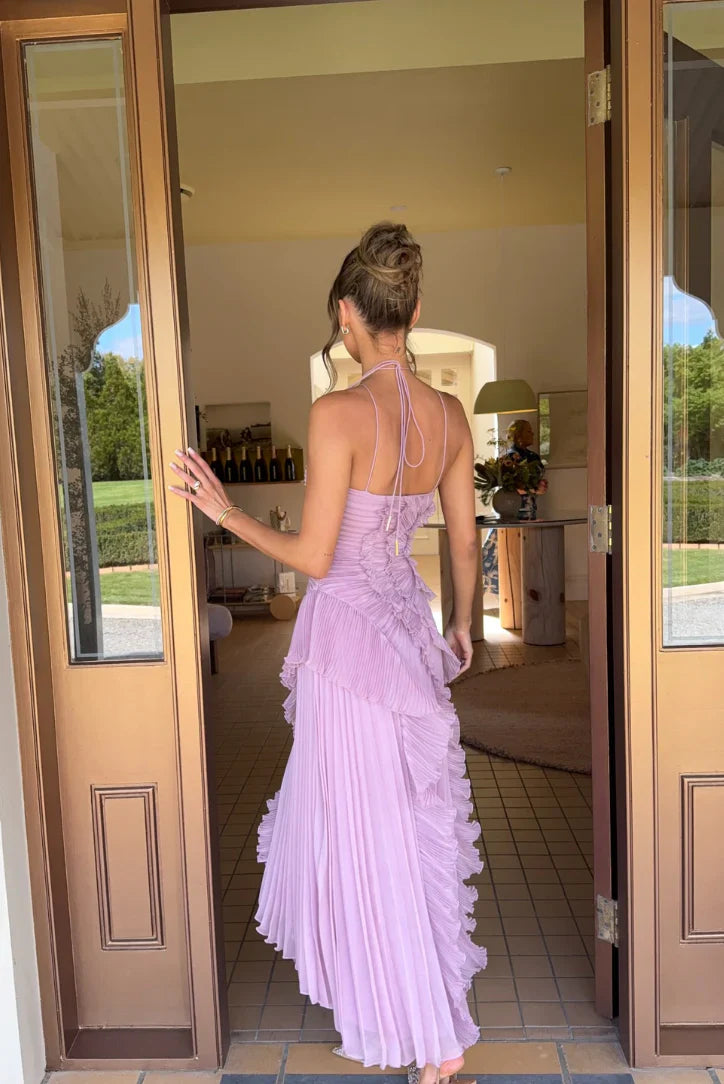 Women's Lilac Pleated Ruffled Maxi Wedding Guest Dress