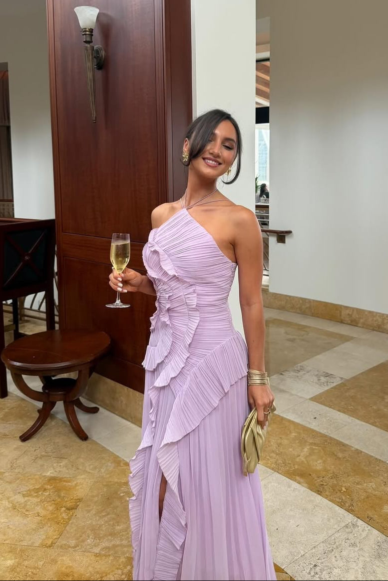 Women's Lilac Pleated Ruffled Maxi Wedding Guest Dress