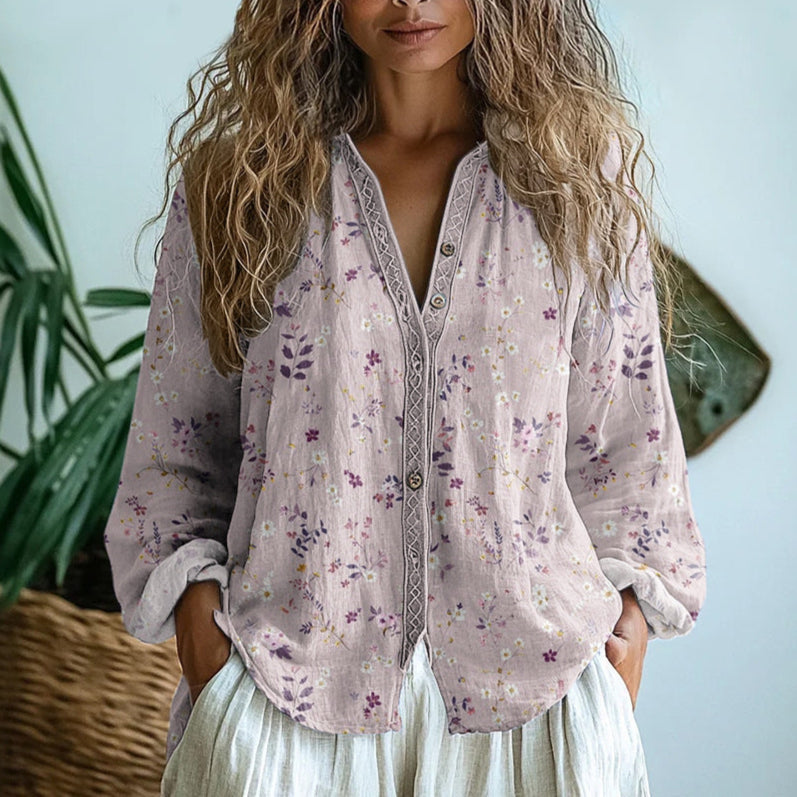 Women's Purple Printed V-Neck Long Sleeve Blouse | Casual Top