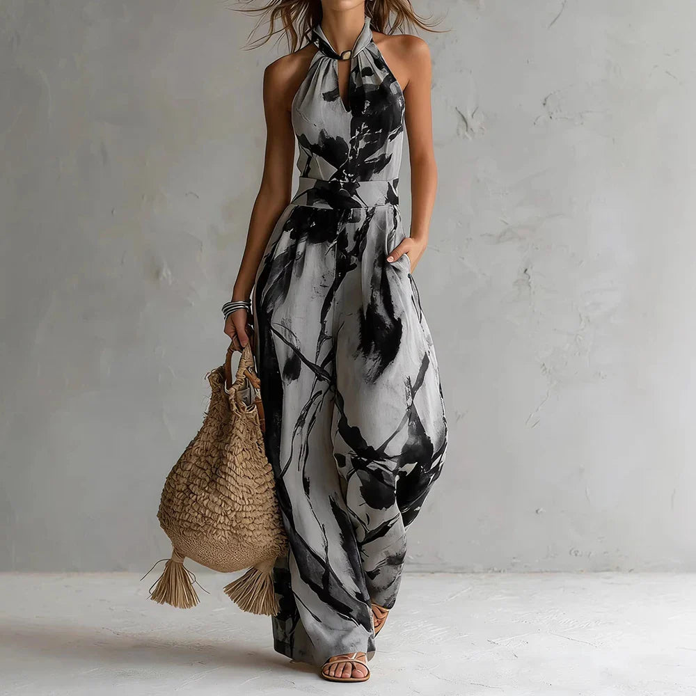 Women's Floral Print Halter Neck Wide Leg Jumpsuit | Boho Summer Jumpsuit