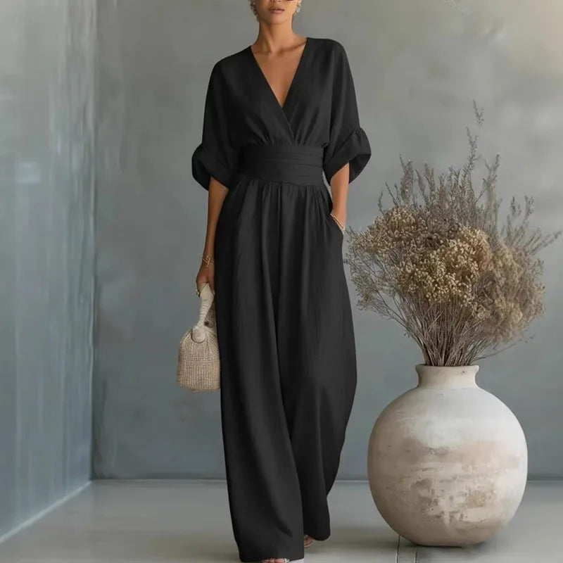 Women's Wide-Leg Linen-Look Jumpsuit | Cinched Waist Deep V-Neck