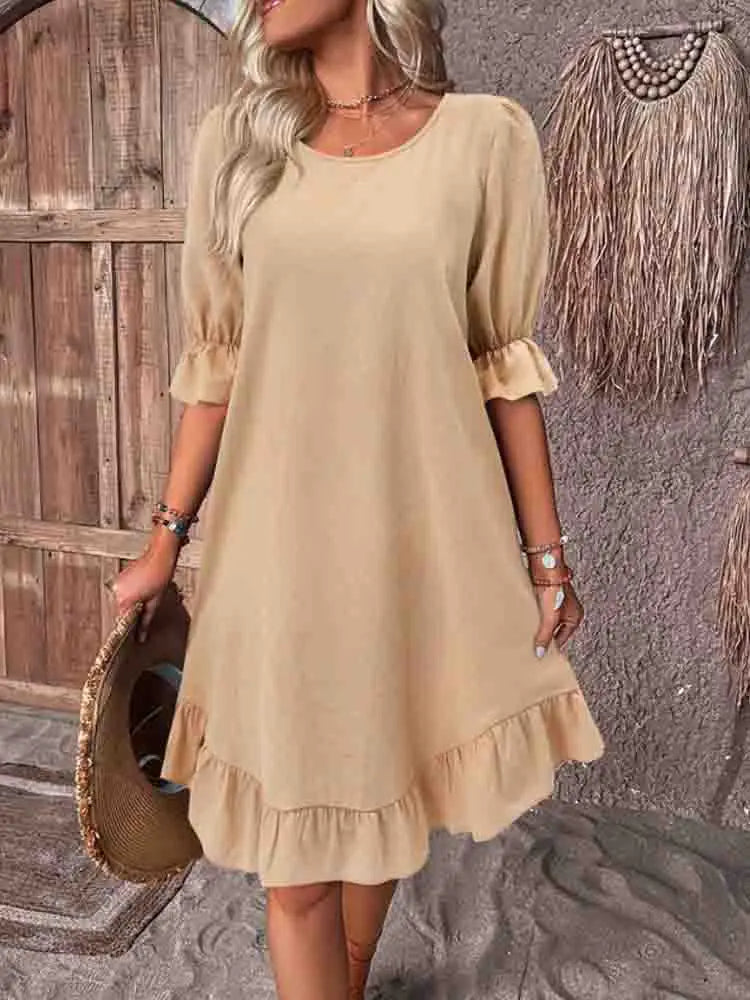 Women's Round Neck 3/4 Puff Sleeve Relaxed Ruffle Hem Mini Dress Casual