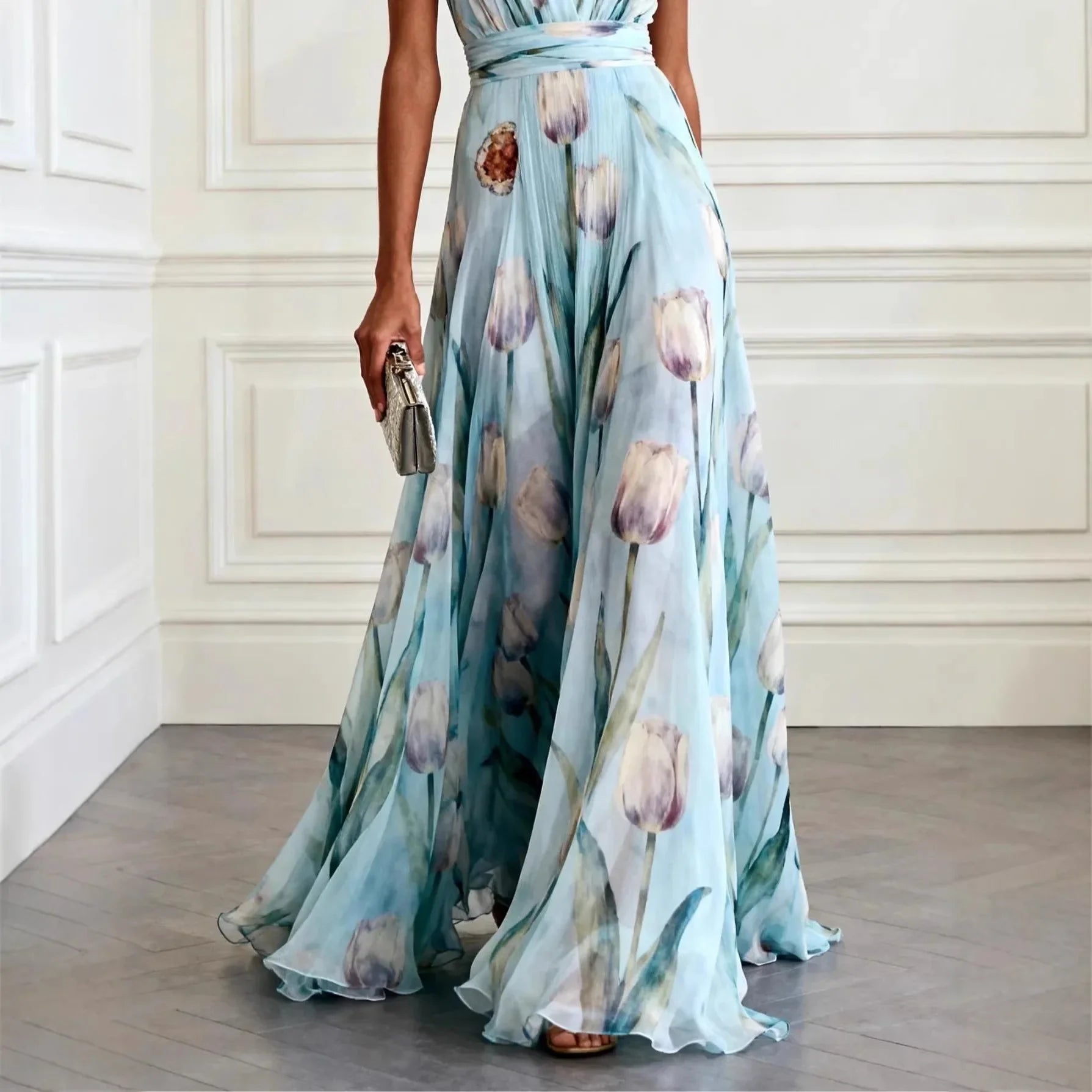 Women's Blue Tulip Hem Wedding Guest Dress | Elegant Formal Midi Dress