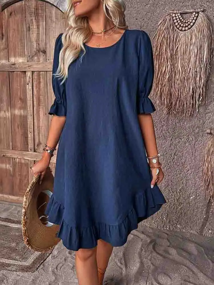 Women's Round Neck 3/4 Puff Sleeve Relaxed Ruffle Hem Mini Dress Casual