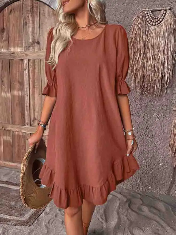 Women's Round Neck 3/4 Puff Sleeve Relaxed Ruffle Hem Mini Dress Casual