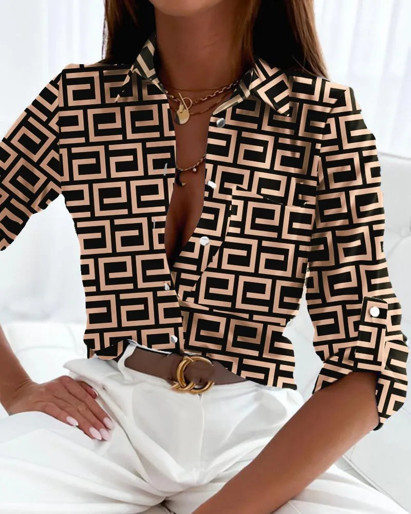 Women's Graphic Print Button-Down Collared Long Sleeve Relaxed Blouse