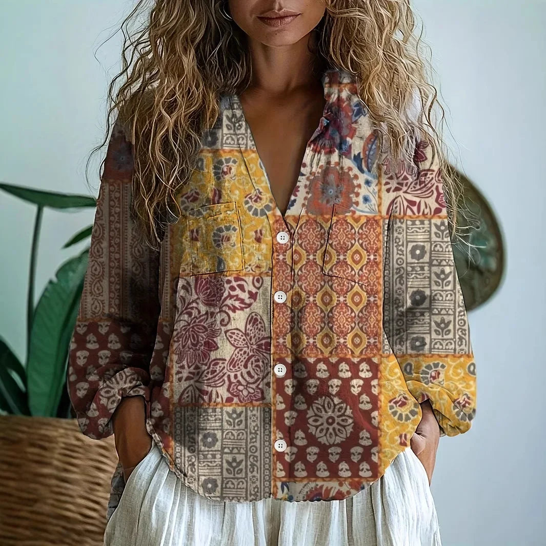 Women's Purple Printed V-Neck Long Sleeve Blouse | Casual Top