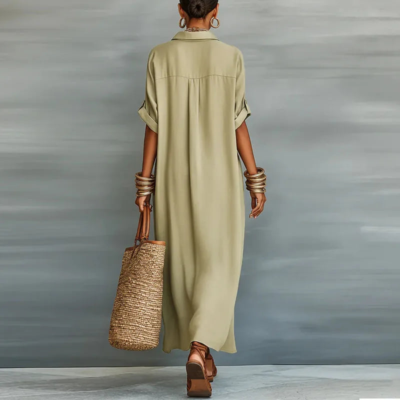 Women's Brown Button-Down Collared Maxi Shirt Dress