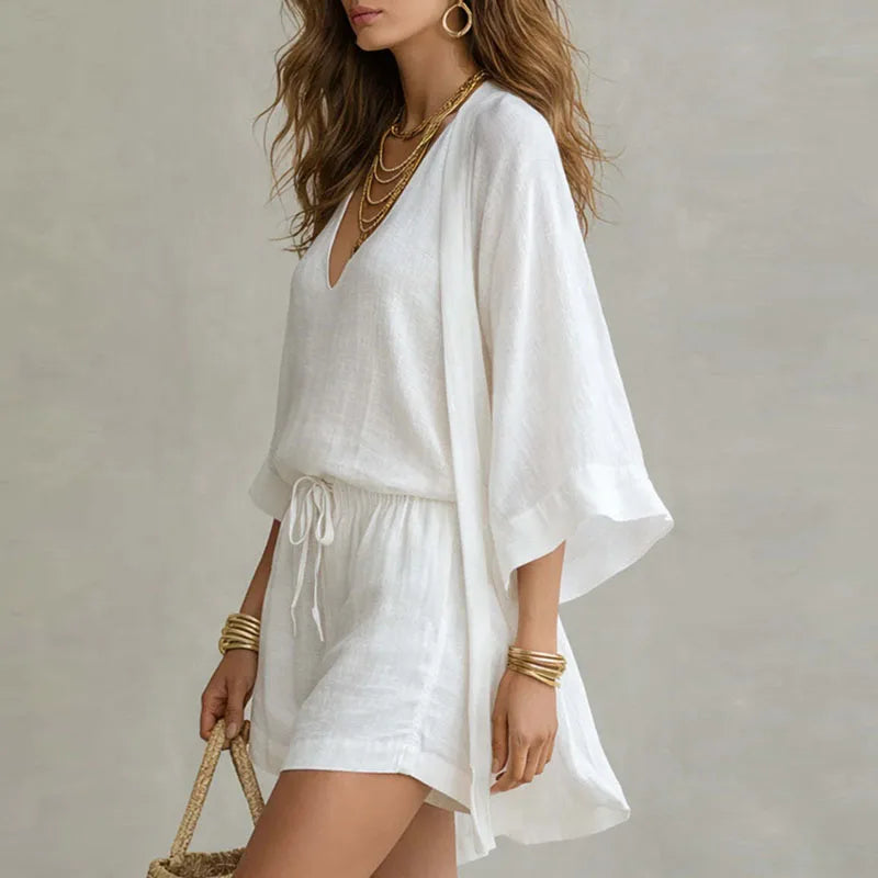 Women's V-Neck Batwing Sleeve Top & Shorts Set | Casual Summer Two-Piece Set