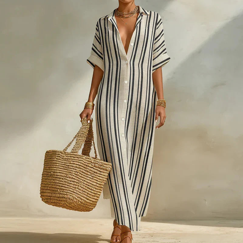 Women's Striped V-Neck Short Sleeve Maxi Dress | Casual Summer Kaftan Dress