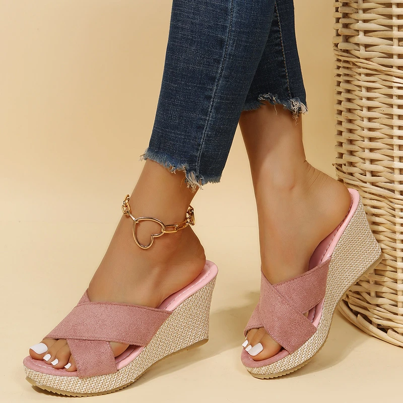 Women's Cross Strap Open Toe Espadrille Wedge Mule Sandals