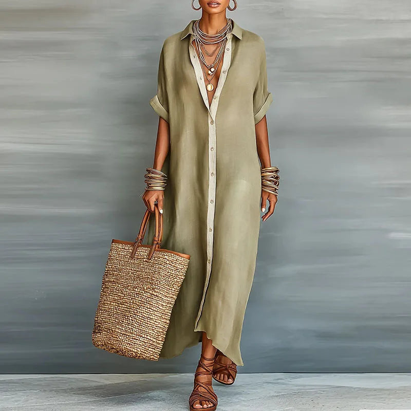 Women's Brown Button-Down Collared Maxi Shirt Dress