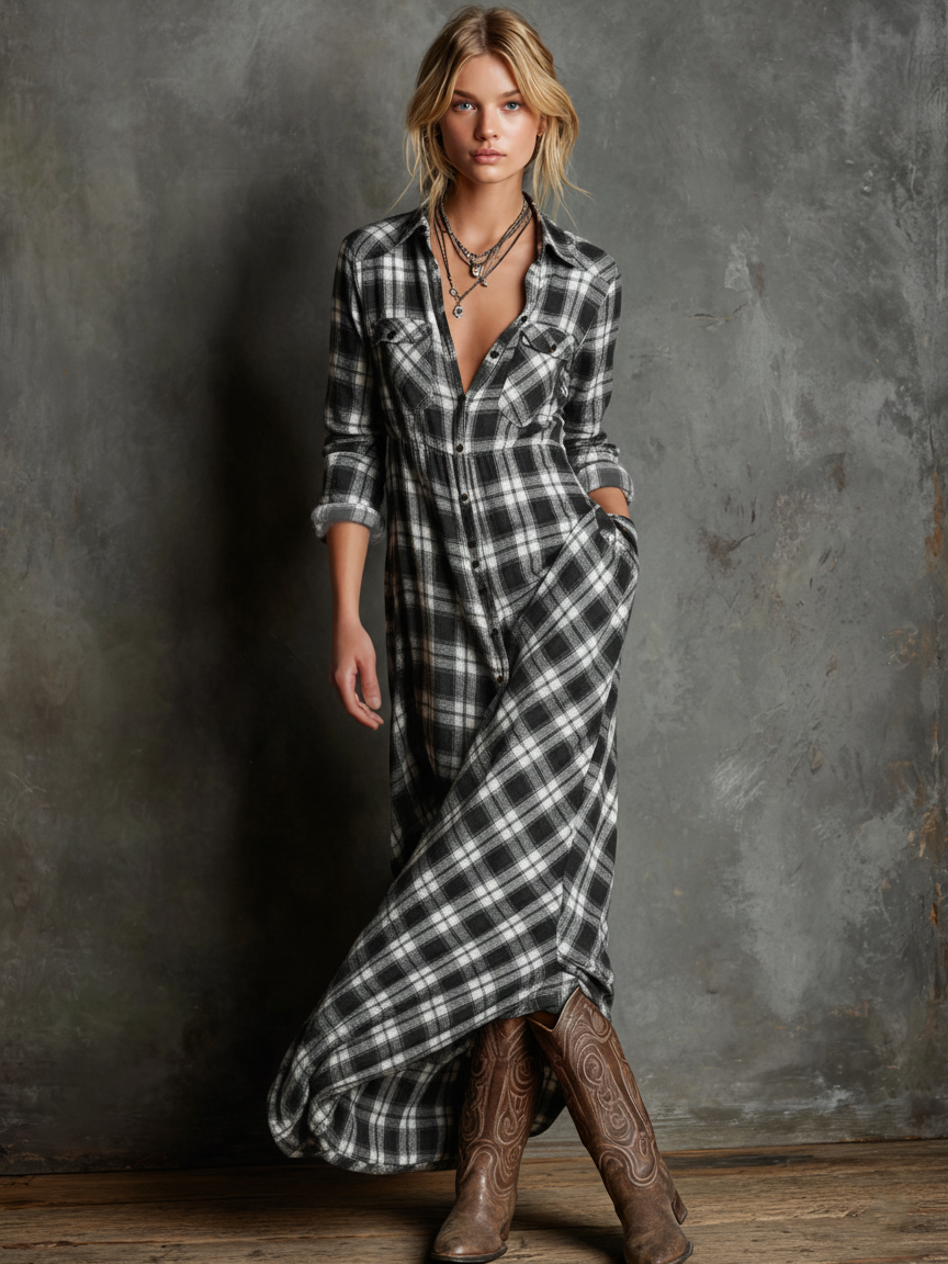 Women's Green Plaid Shirt Maxi Dress | Lapel Single-Breasted Casual Everyday Dress