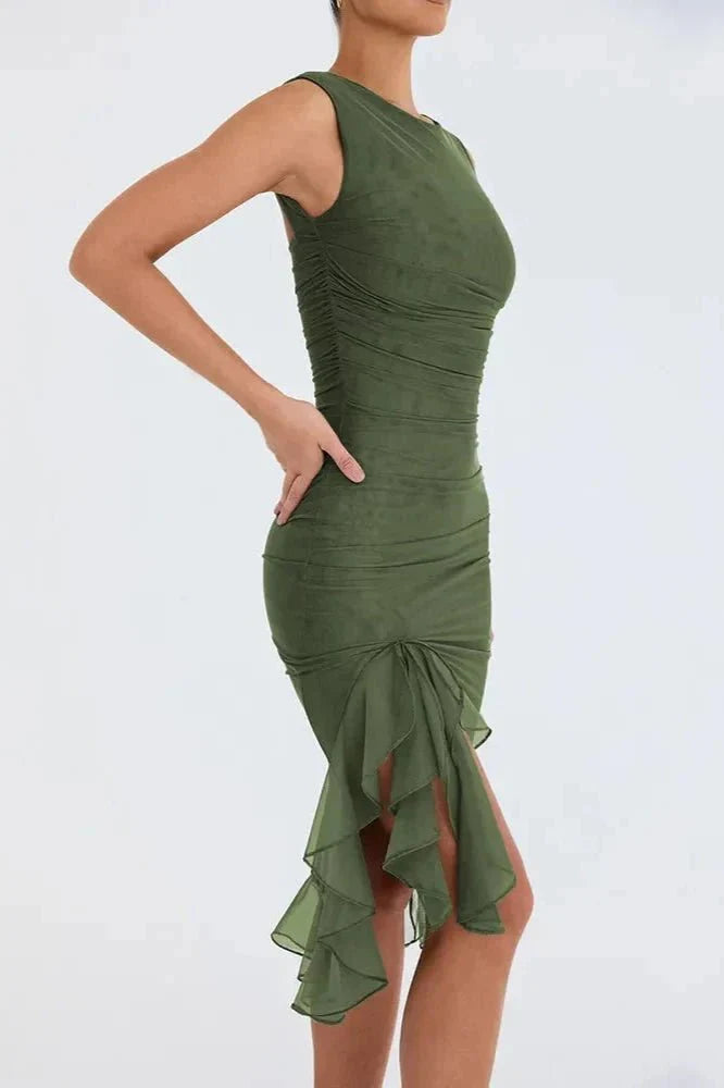 Women's High Neck Open Back Stretch Mesh Midi Dress | Ruffle Hem Party Dress