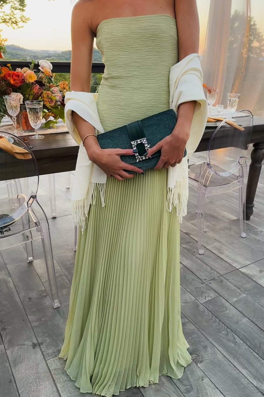 Women's Green Strapless Maxi Wedding Guest Dress
