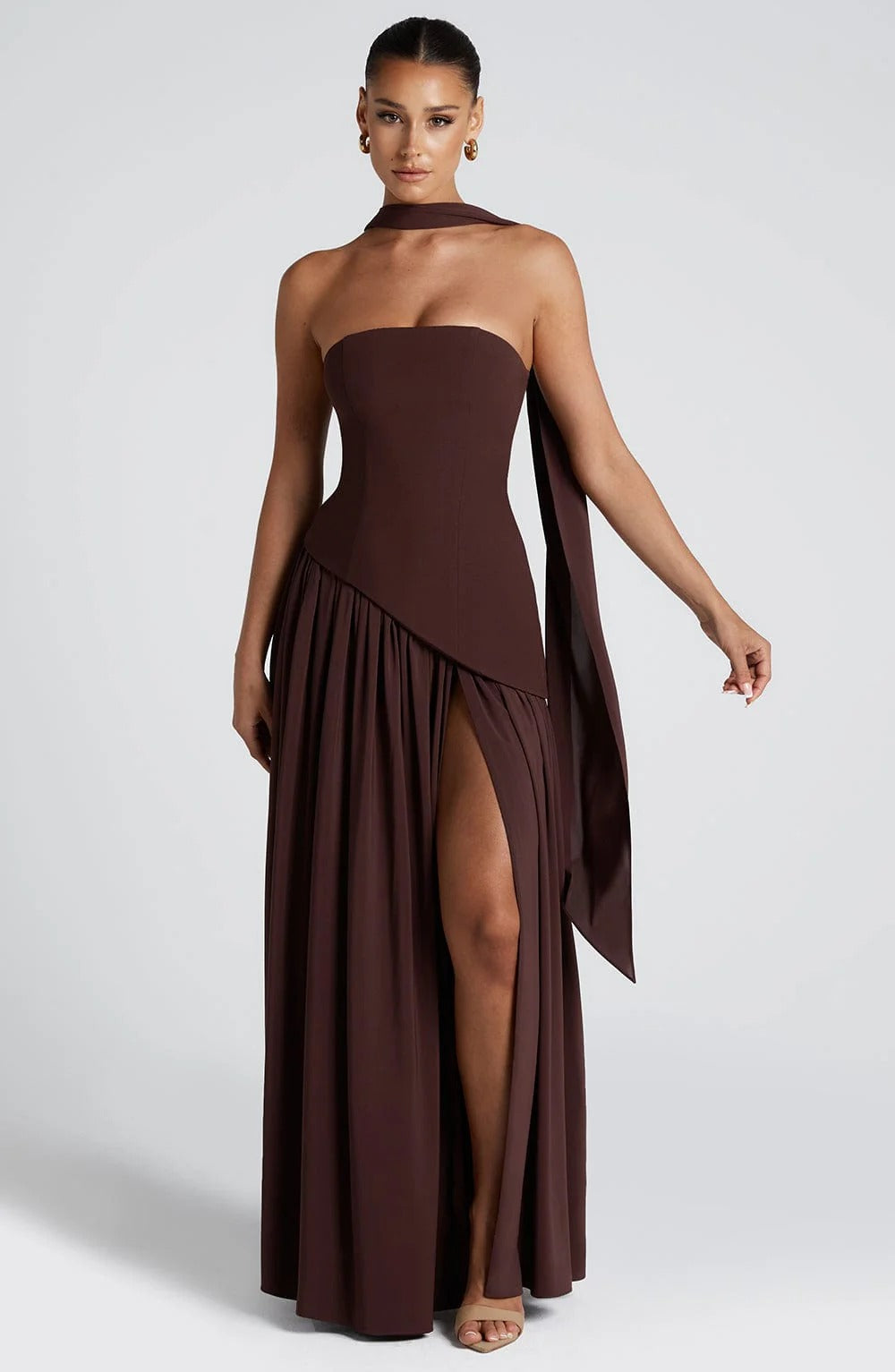Women's Yellow Strapless Maxi Wedding Guest Dress with Scarf