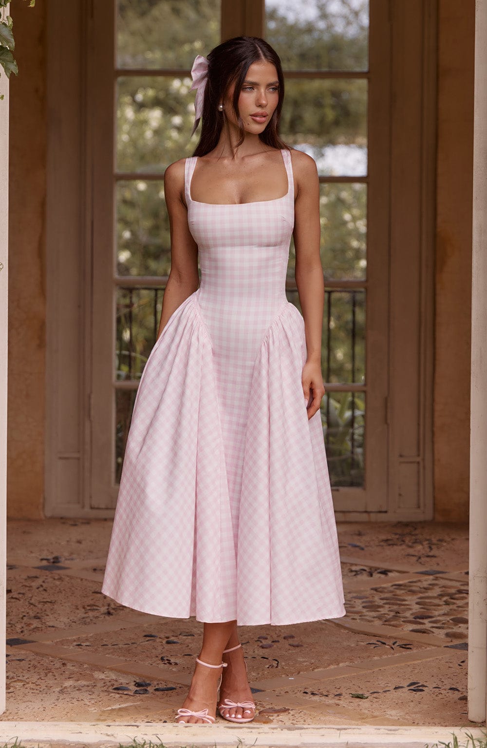Women's Pink A-Line Midi Dress | Square Neck Sleeveless Elegant Formal & Casual Dress