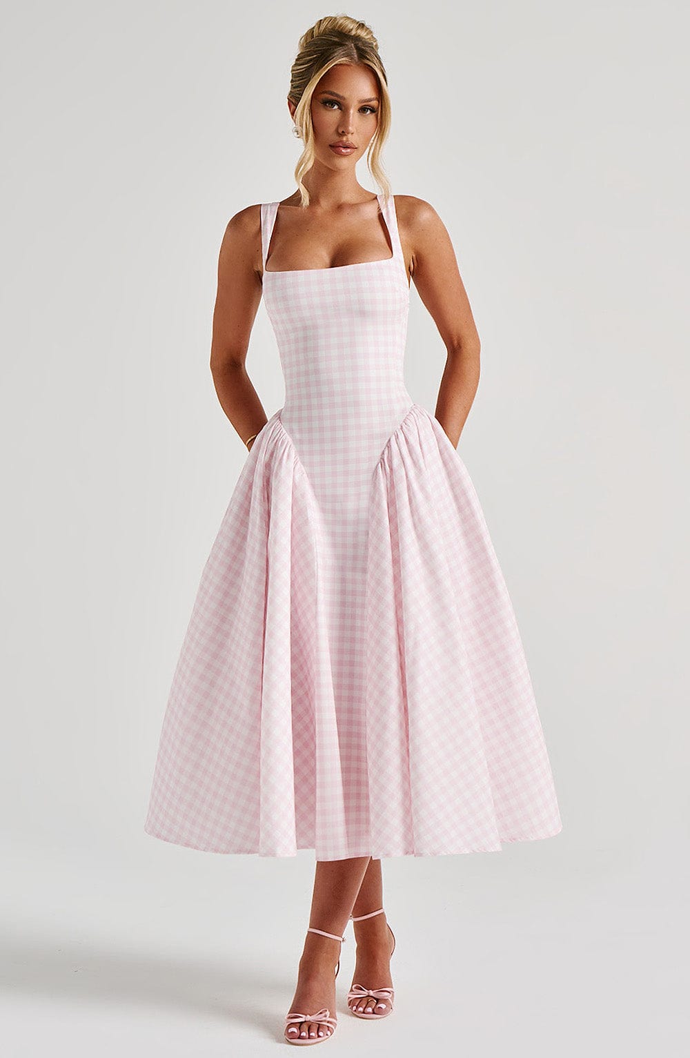 Women's Pink A-Line Midi Dress | Square Neck Sleeveless Elegant Formal & Casual Dress