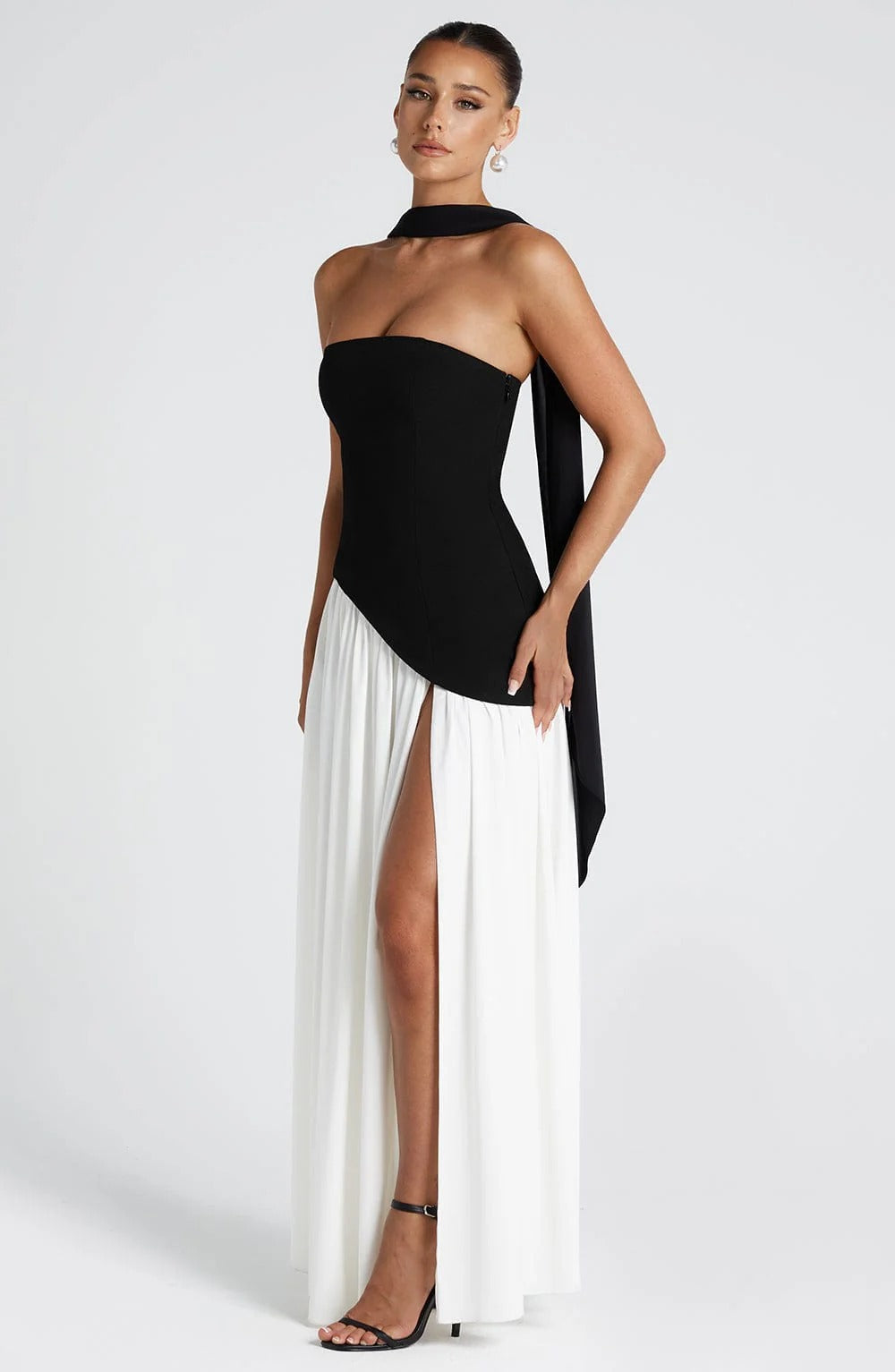 Women's Yellow Strapless Maxi Wedding Guest Dress with Scarf
