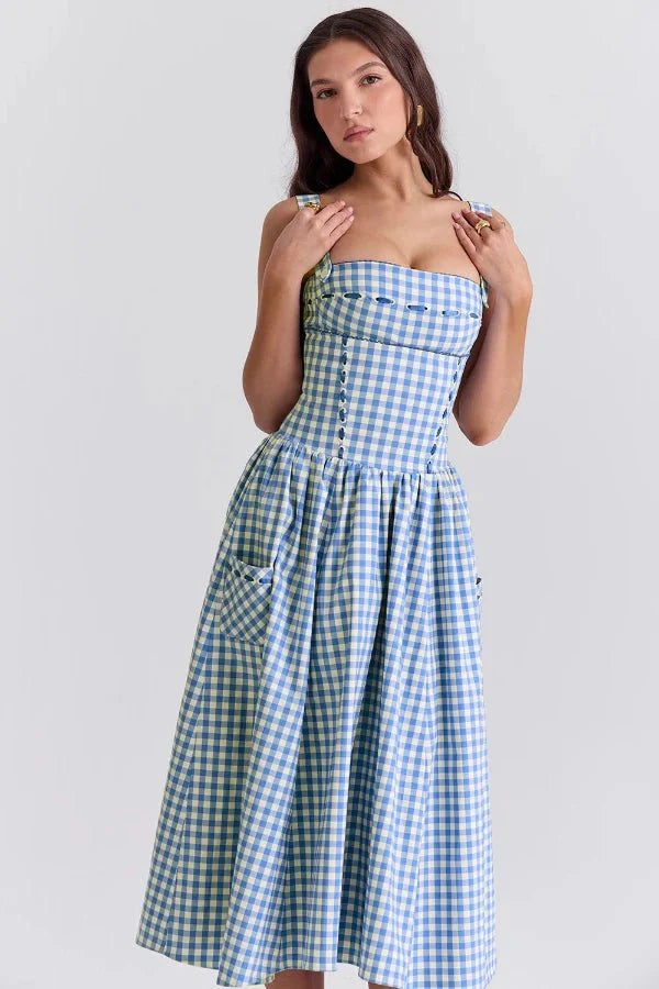 Women's Gingham Sweetheart Neck Smocked Bodice Flared Midi Dress with Pockets
