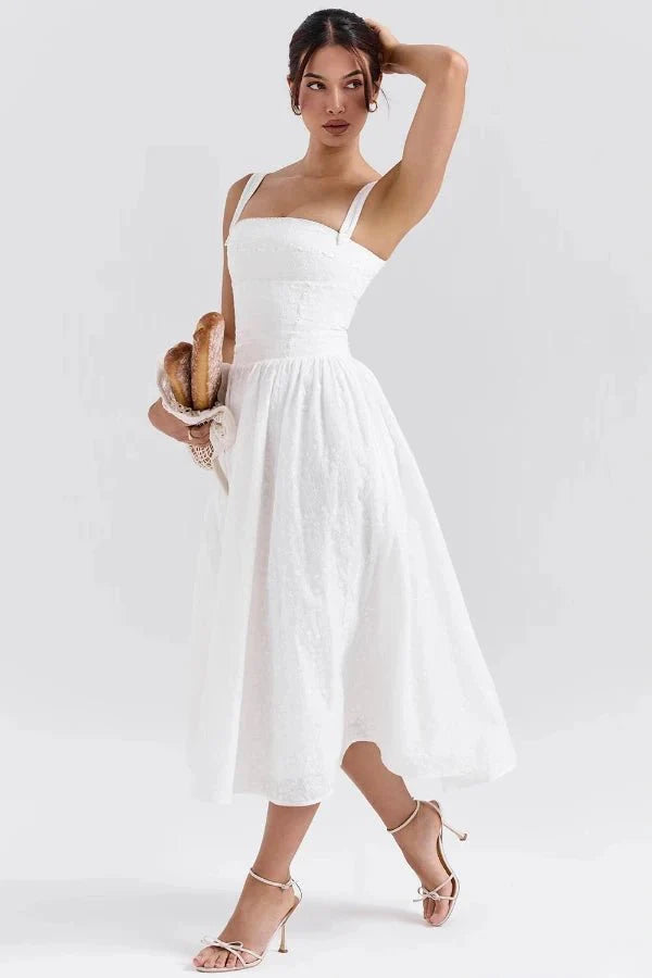 Women's Gingham Sweetheart Neck Smocked Bodice Flared Midi Dress with Pockets