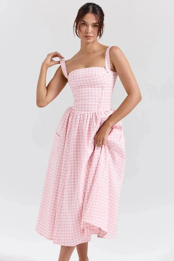 Women's Gingham Sweetheart Neck Smocked Bodice Flared Midi Dress with Pockets