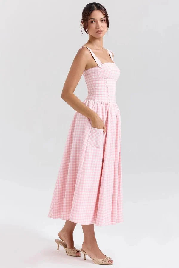 Women's Gingham Sweetheart Neck Smocked Bodice Flared Midi Dress with Pockets