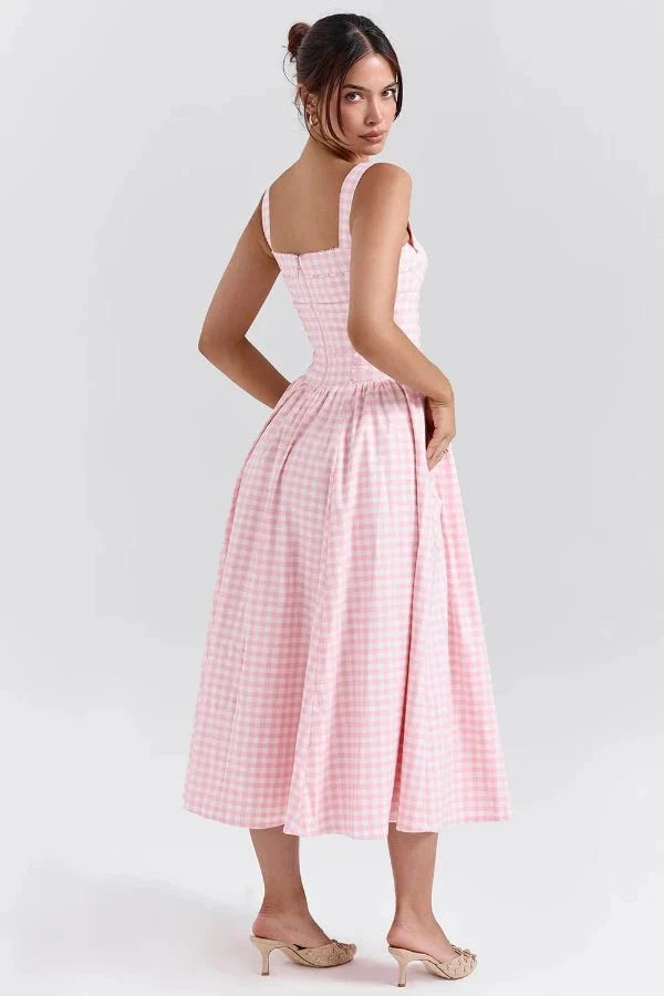 Women's Gingham Sweetheart Neck Smocked Bodice Flared Midi Dress with Pockets