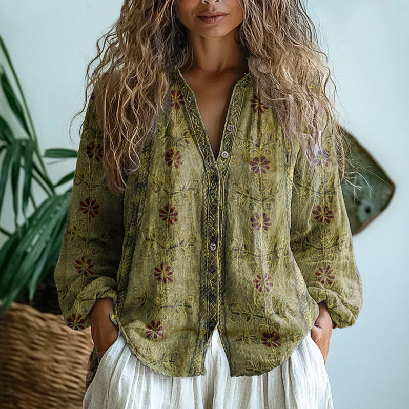 Women's Purple Printed V-Neck Long Sleeve Blouse | Casual Top