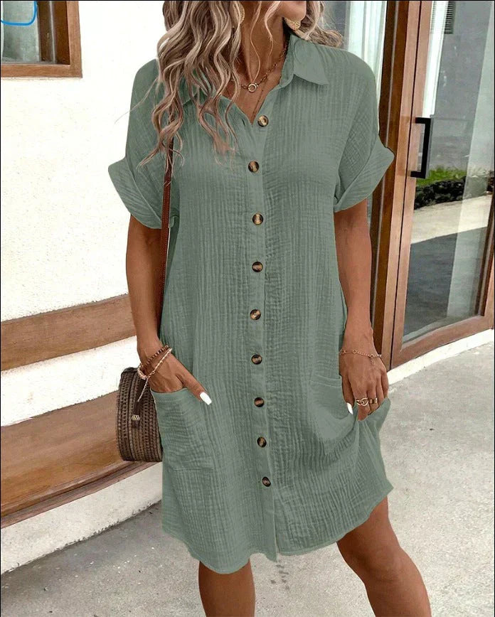 Women's Button-Down Collared Short Sleeve Textured Mini Shirt Dress with Pockets