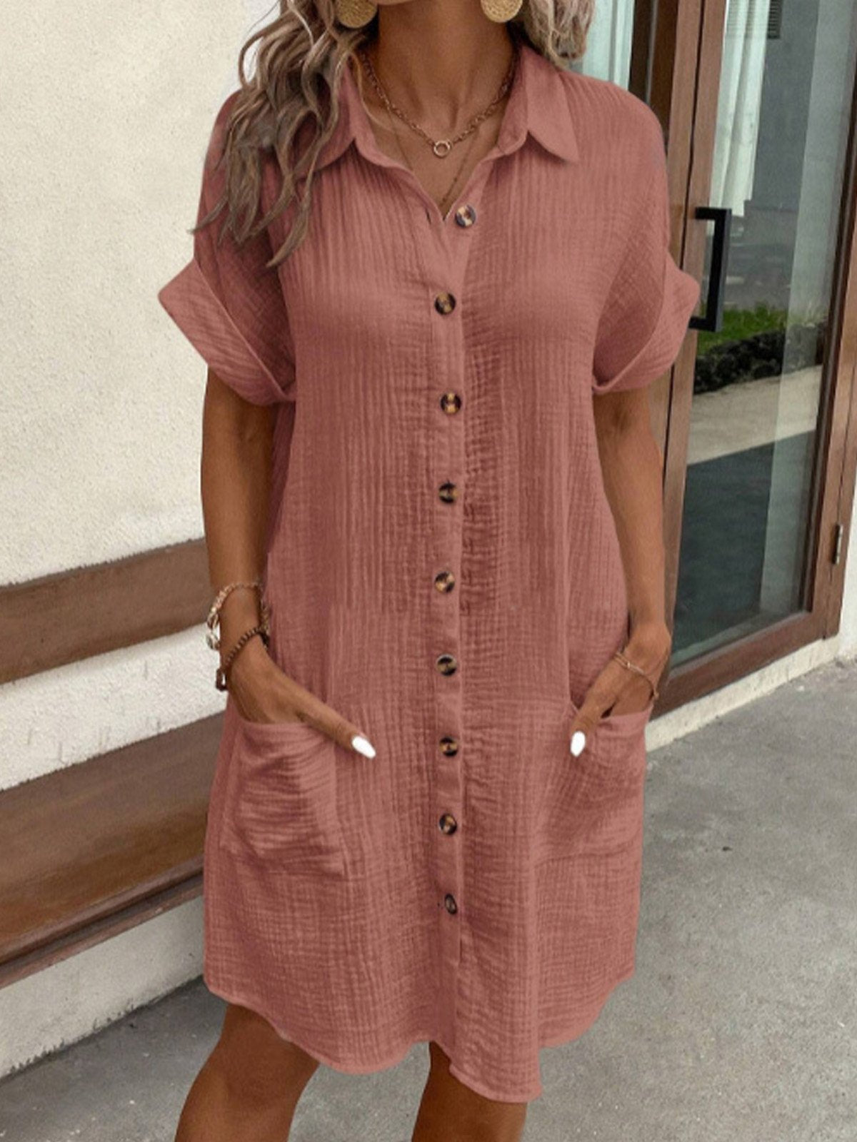 Women's Button-Down Collared Short Sleeve Textured Mini Shirt Dress with Pockets