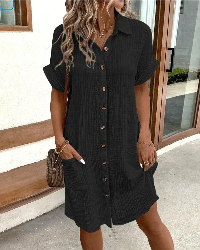 Women's Button-Down Collared Short Sleeve Textured Mini Shirt Dress with Pockets