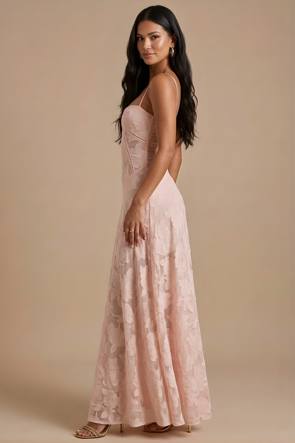 Women's Pink Lace Maxi Dress | Spaghetti Strap Corset Lace-Up Back Formal Evening Dress