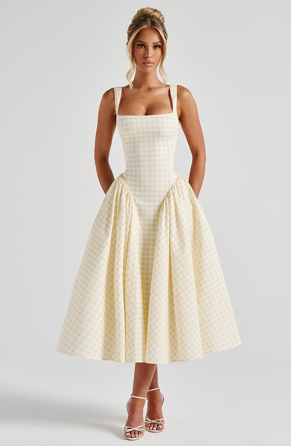 Women's Pink Gingham Midi Dress with Adjustable Straps and Fitted Bodice