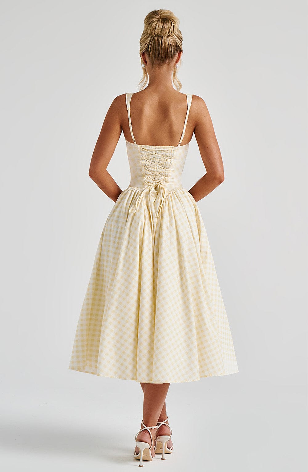 Women's Pink Gingham Midi Dress with Adjustable Straps and Fitted Bodice