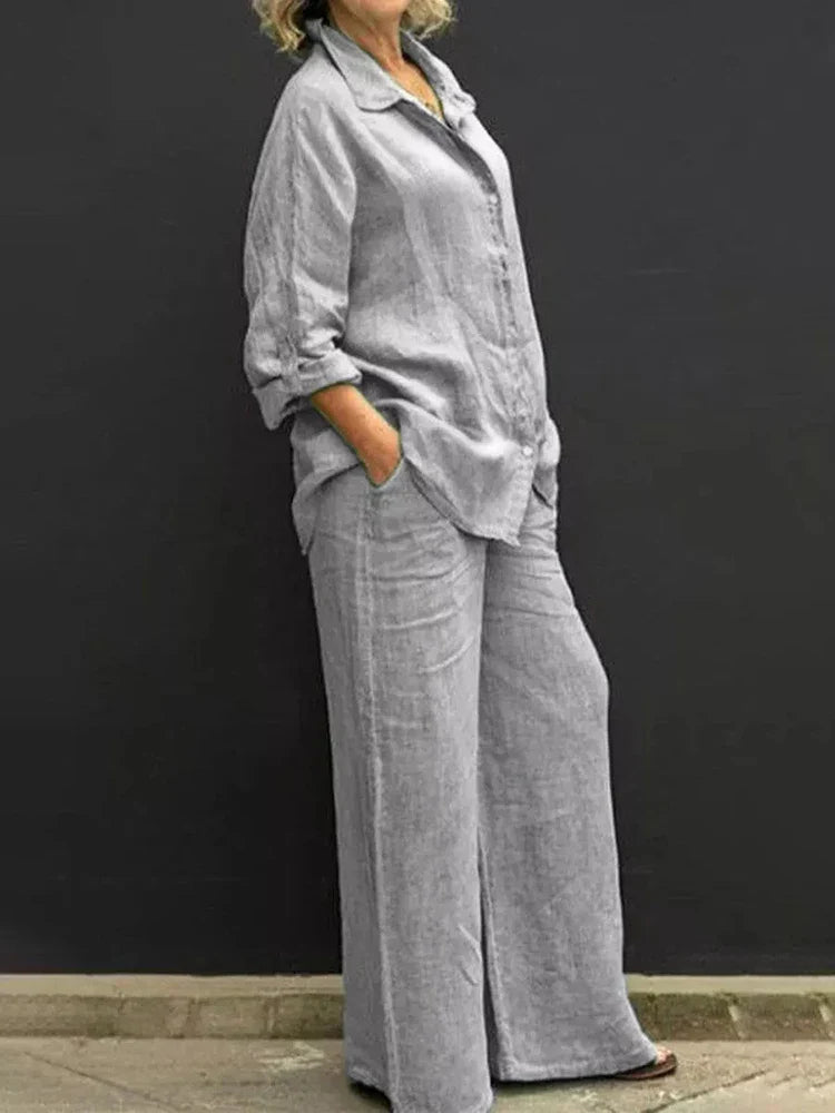 Women's Gray Two-Piece Set | Vintage Blouse & Loose Trousers Casual & Formal Outfit