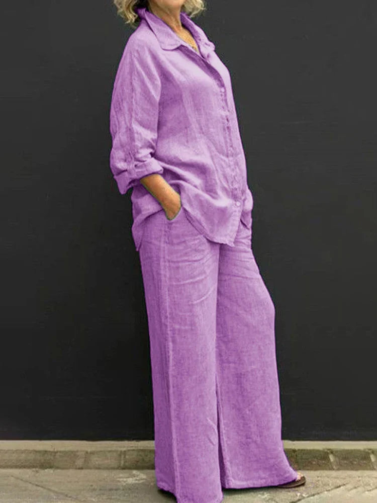 Women's Gray Two-Piece Set | Vintage Blouse & Loose Trousers Casual & Formal Outfit