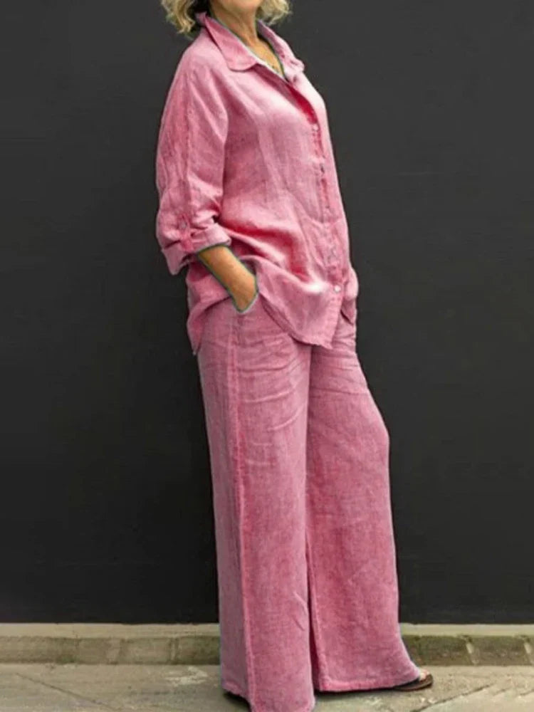 Women's Gray Two-Piece Set | Vintage Blouse & Loose Trousers Casual & Formal Outfit