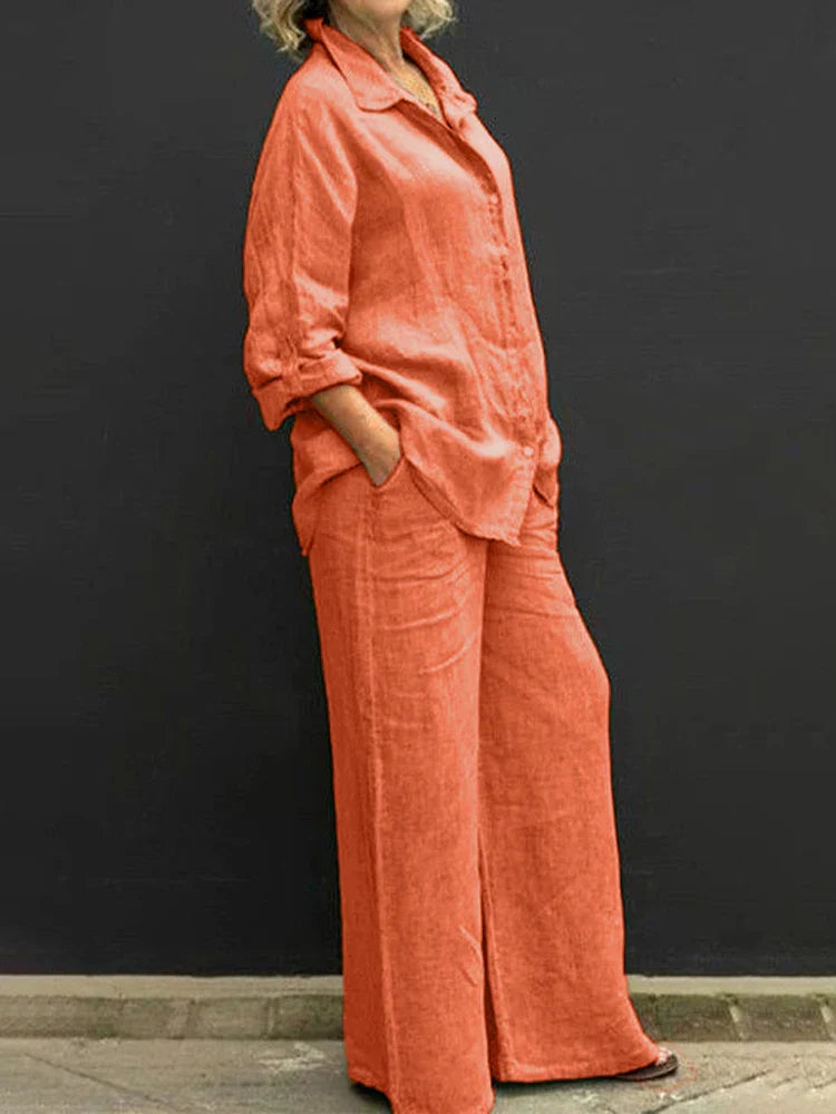 Women's Gray Two-Piece Set | Vintage Blouse & Loose Trousers Casual & Formal Outfit