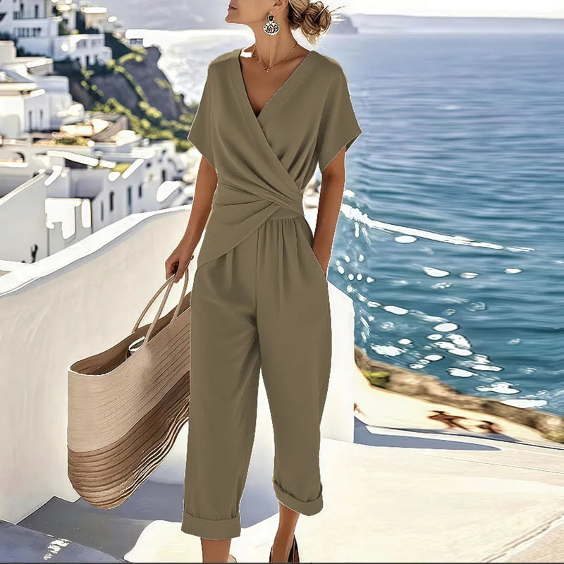 Women's Beige Wrap V-Neck Short Sleeve Wide Leg Two-Piece Set