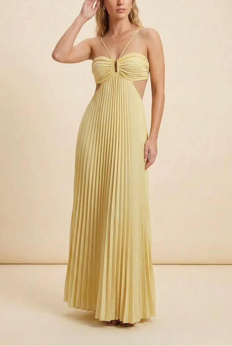 Women's Blue Halter Pleated Maxi Prom Dress