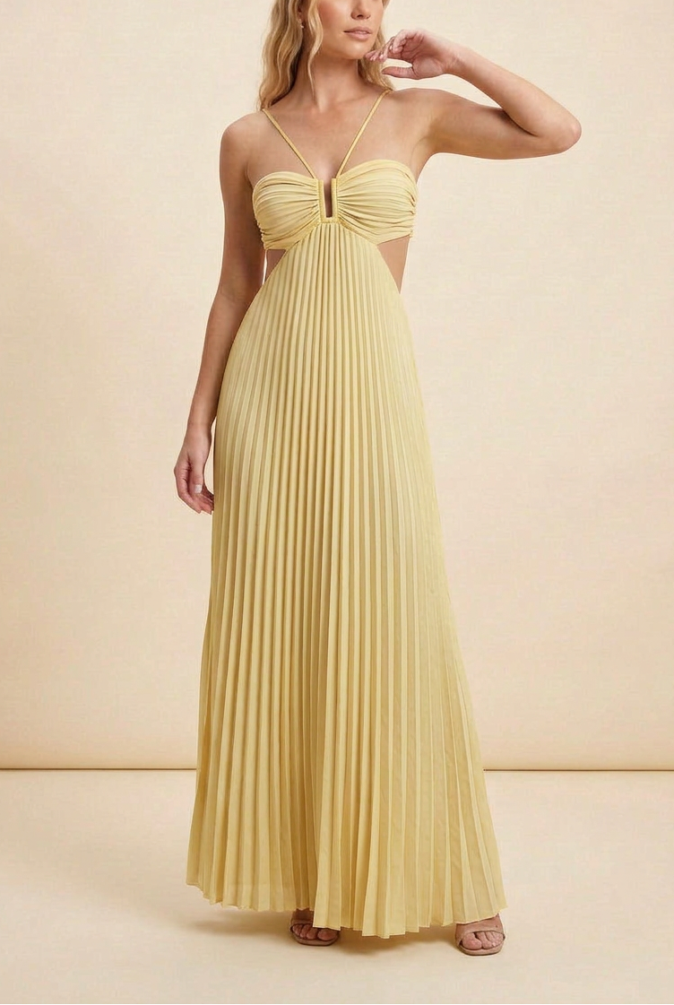 Women's Blue Halter Pleated Maxi Prom Dress