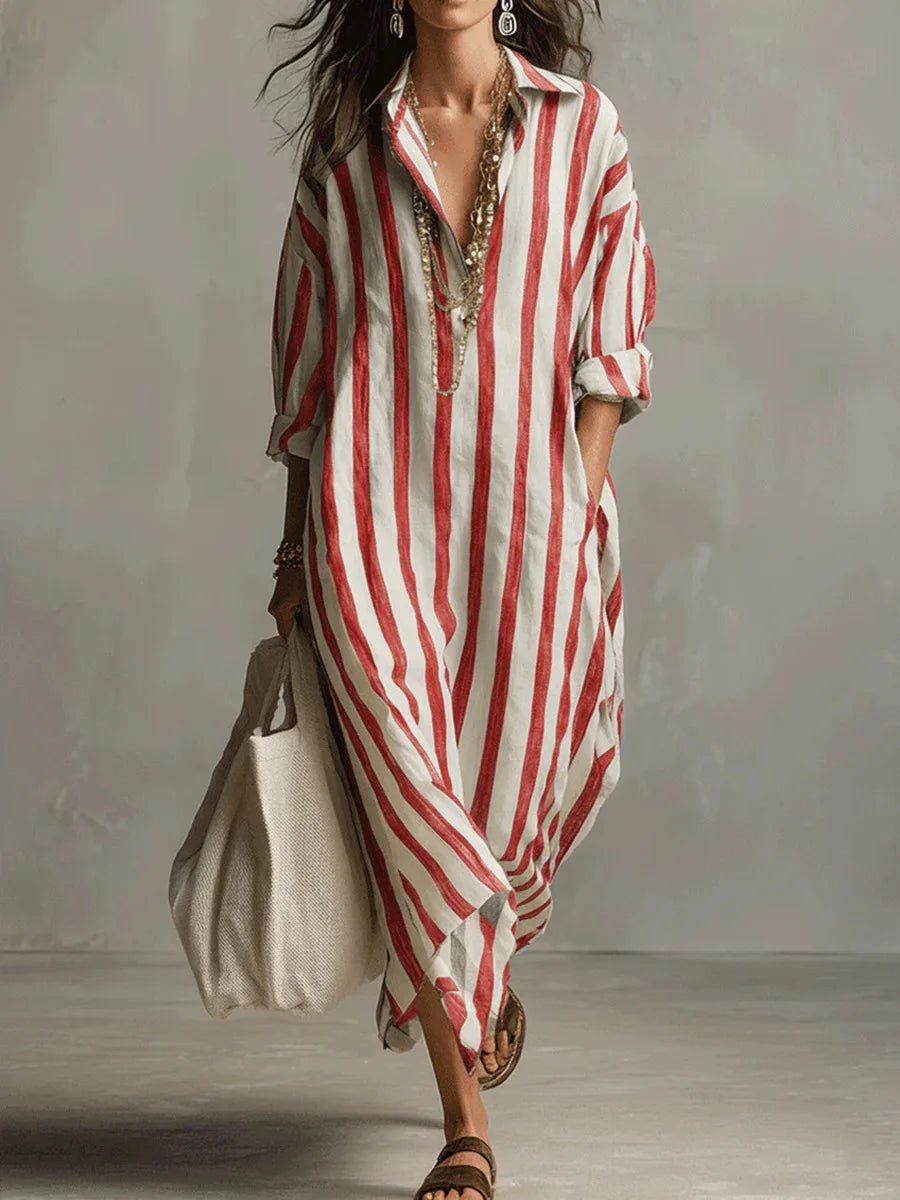 Women's Striped Linen Blend Long Shirt Dress | Relaxed V-Neck Casual