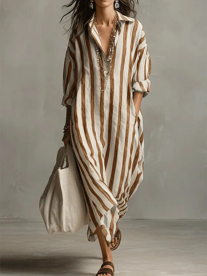 Women's Striped Linen Blend Long Shirt Dress | Relaxed V-Neck Casual