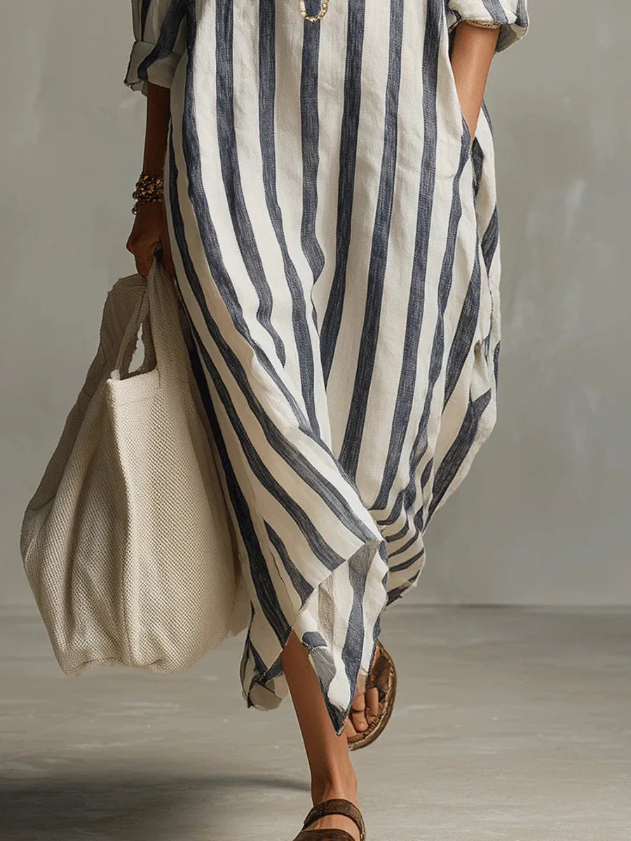 Women's Striped Linen Blend Long Shirt Dress | Relaxed V-Neck Casual